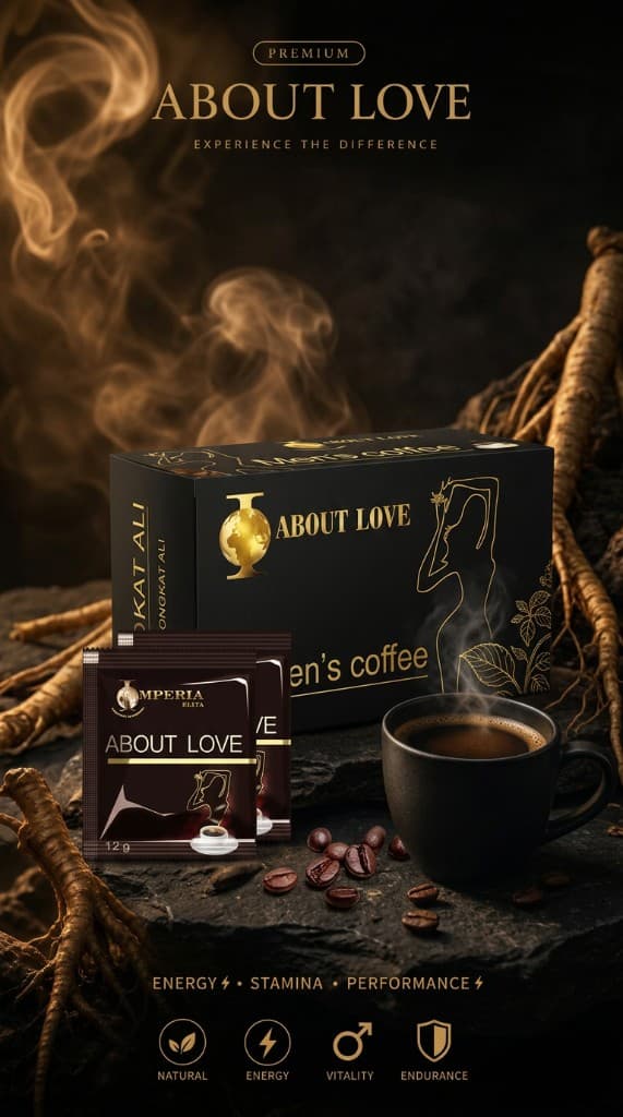 ABOUT LOVE premium men's herbal coffee box and sachets with a steaming mug, coffee beans, and Tongkat Ali roots