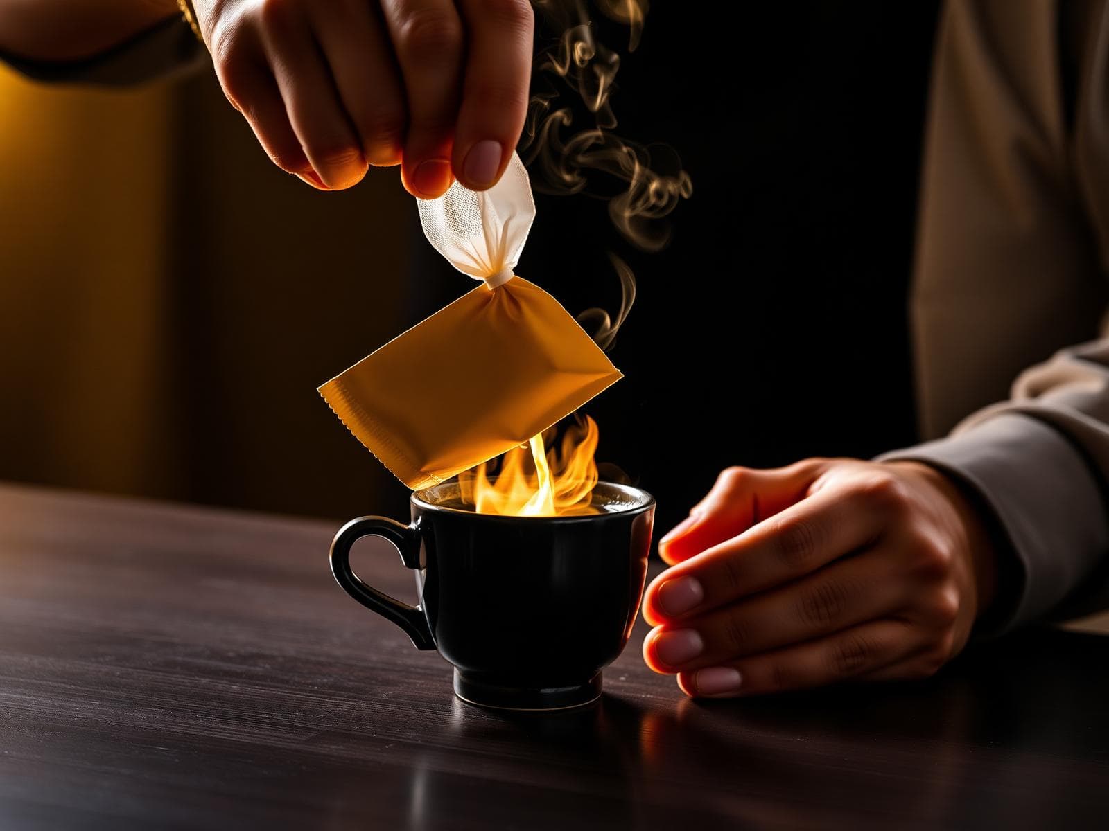 A man pouring hot water over a coffee sachet